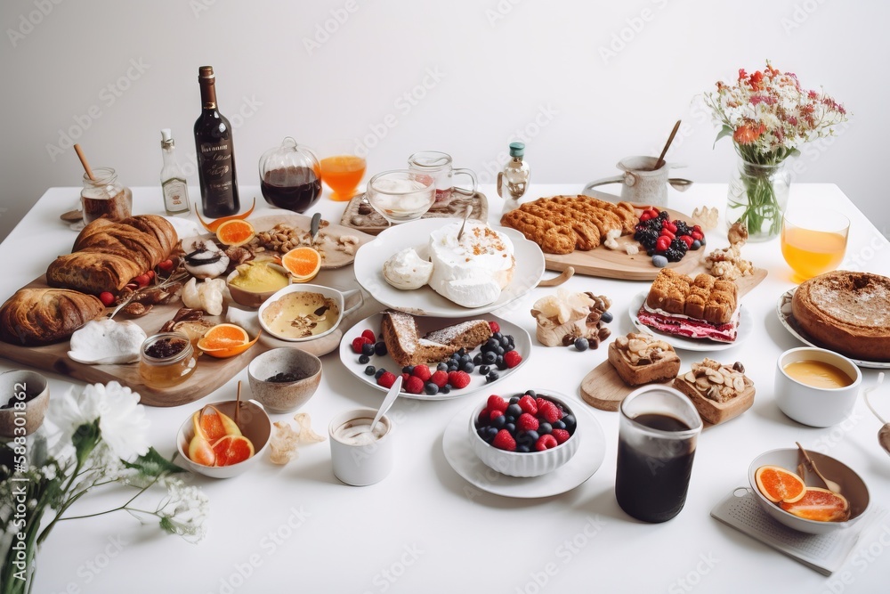  a white table topped with lots of different foods and drinks next to a vase filled with oranges and