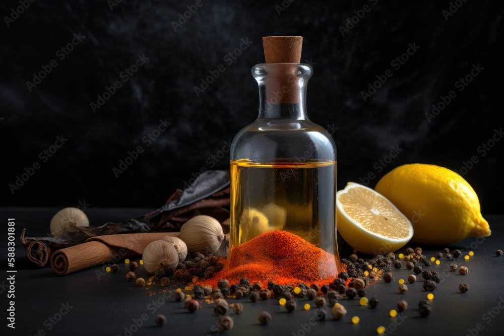  a bottle filled with spices next to lemons and spices on a black surface with other spices and herb