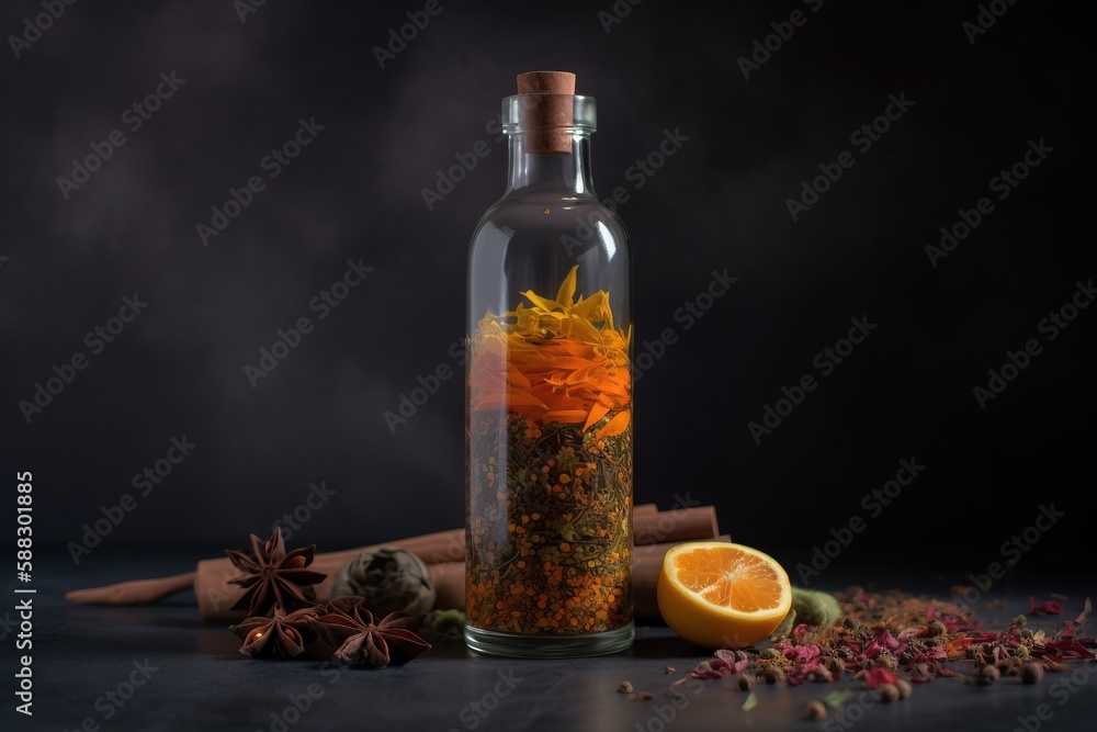  a bottle filled with spices next to an orange and an orange slice on a table next to cinnamons and 