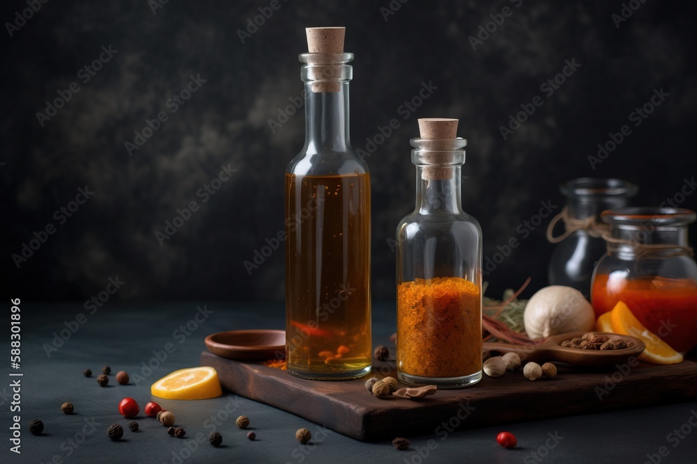  a table topped with bottles filled with different types of spices and spices on top of a cutting bo