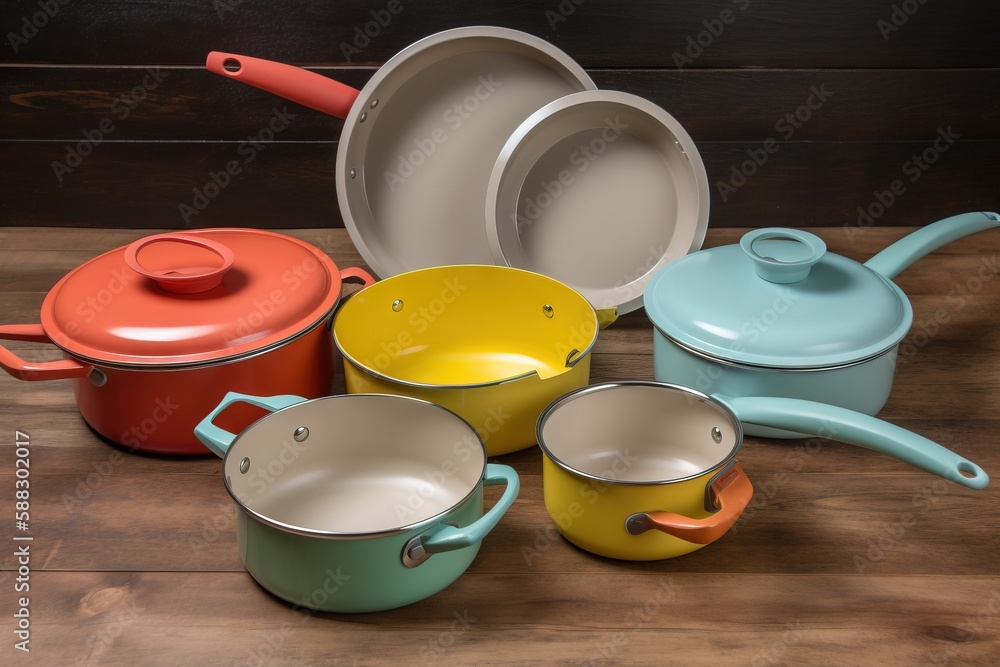  a group of pots and pans sitting on a wooden table top next to each other on a wooden surface with 