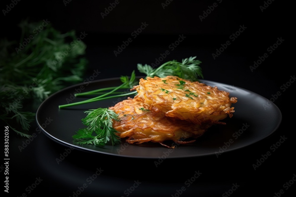  a black plate topped with a pile of cheesy hash browns covered in cheese and parsley next to a bunc