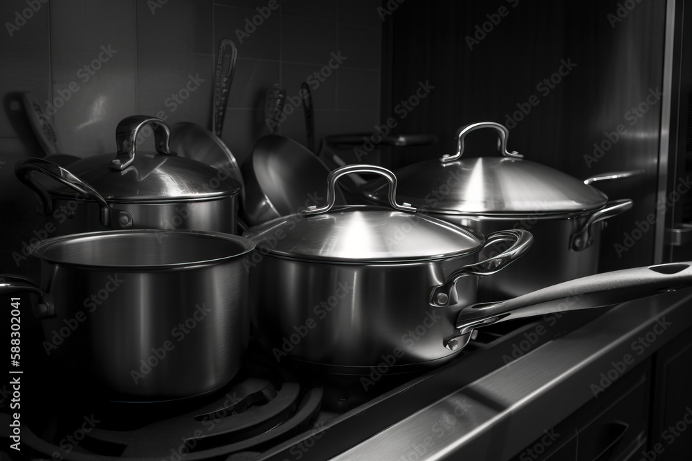  a black and white photo of pots and pans on a stove top with a spoon in the middle of the pot and p