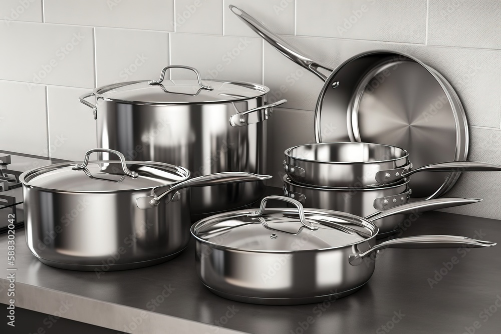  a set of pots and pans on a counter top with a stove top oven in the background and a white tiled w