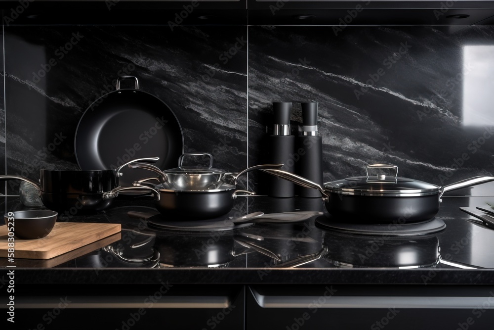  a black kitchen counter with pots and pans on it and a cutting board on the side of the counter top