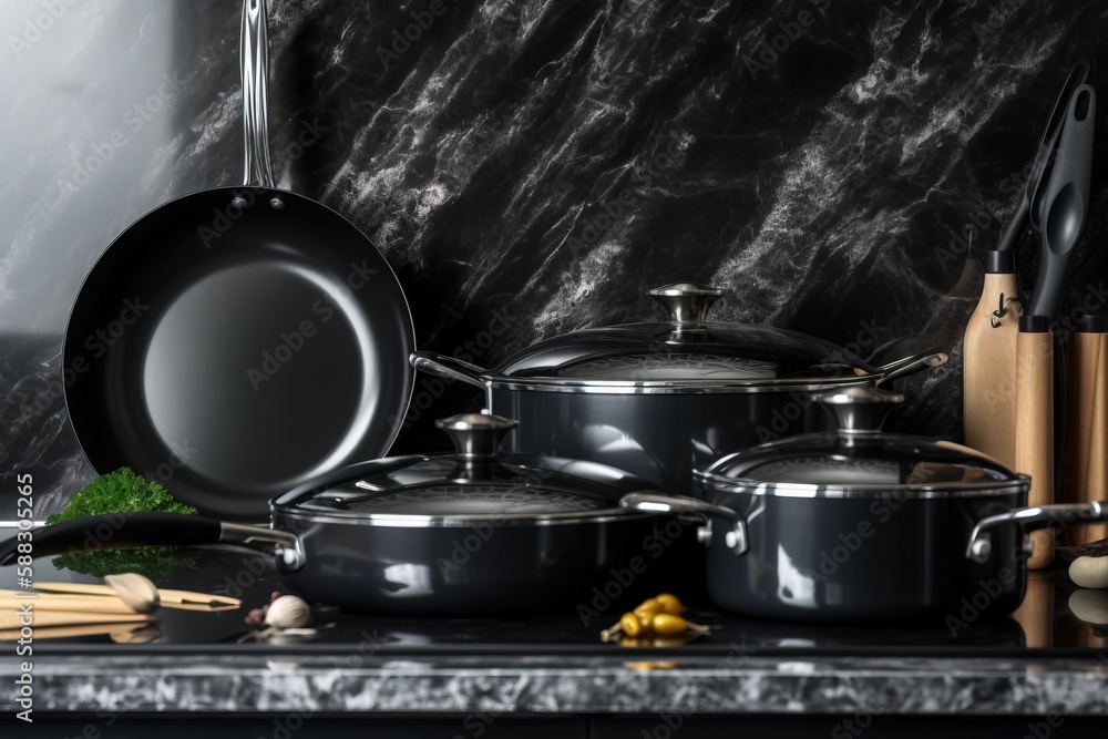  a kitchen counter with pots and pans on top of it and a cutting board on the side of the counter wi