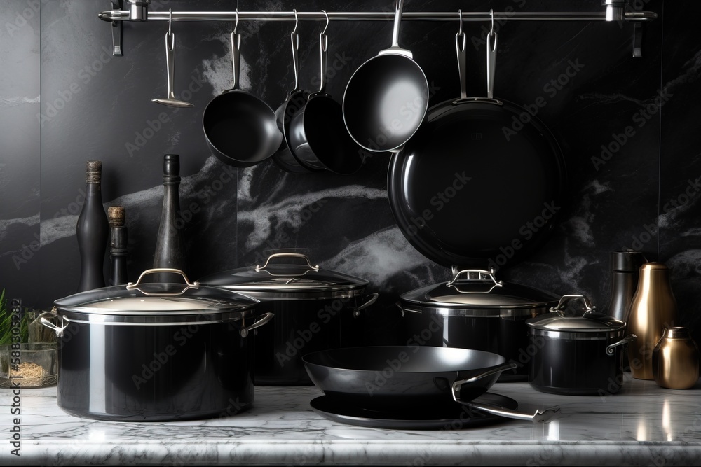  pots and pans are lined up on a counter top with a marbled wall in the background and a wine bottle