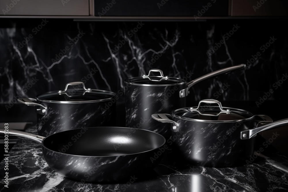  a black marble counter top with pots and pans on it and a black marble counter top with a black mar