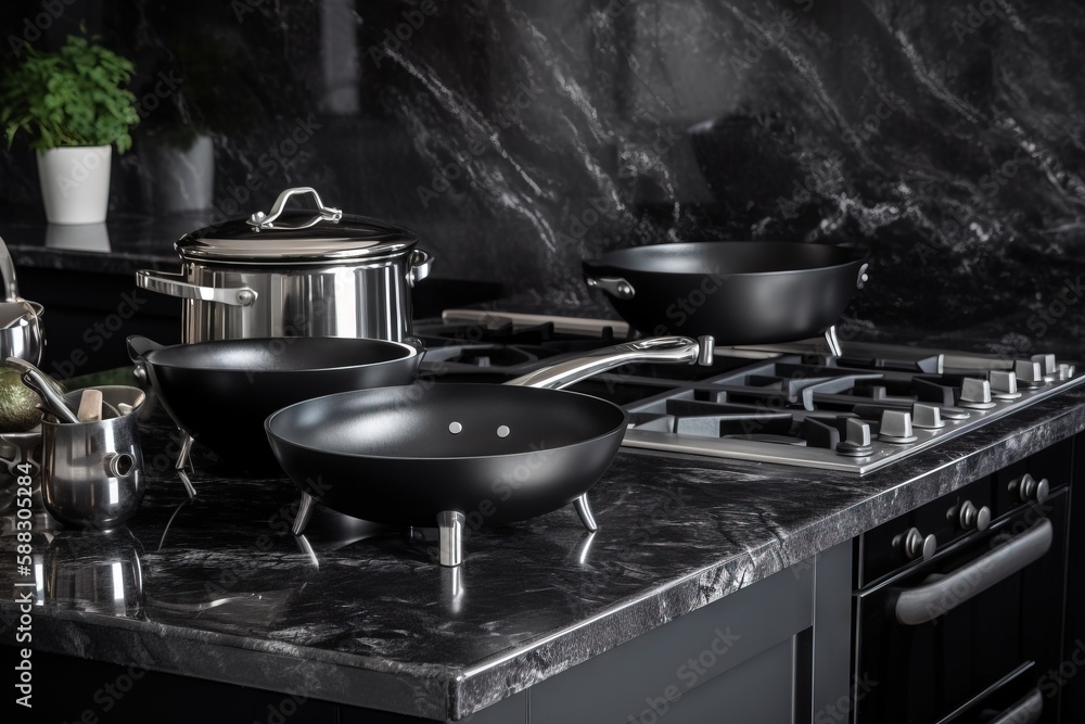  a kitchen counter with pots and pans on it and a pot and pan on the stove top and a pot and pan on 