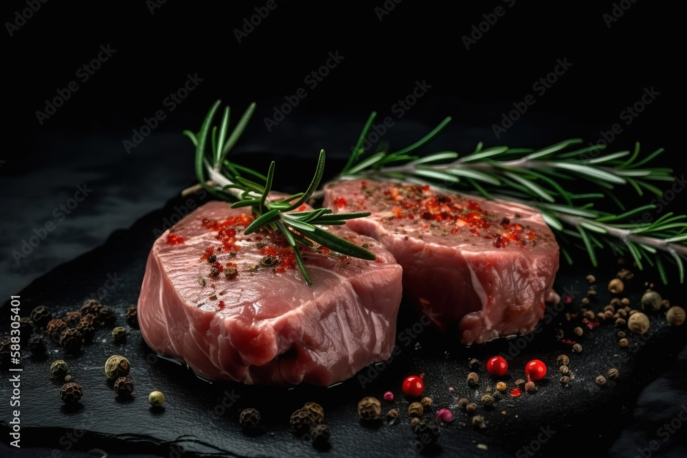  two pieces of raw meat with herbs and pepper on a black surface with a sprig of rosemary on top of 