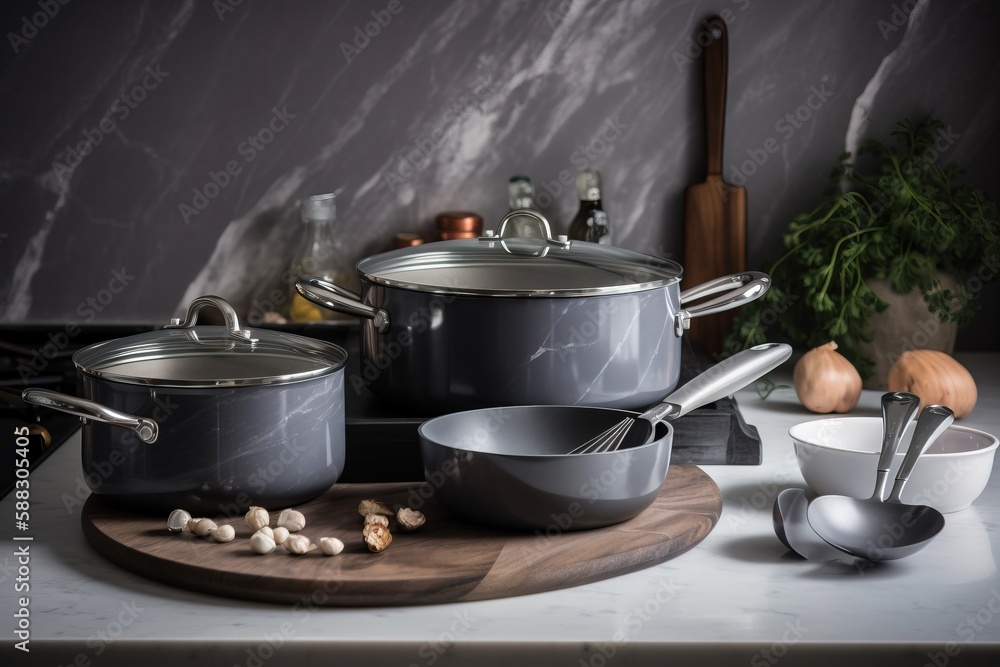  pots and pans are sitting on a kitchen counter top with a cutting board and utensils next to them a