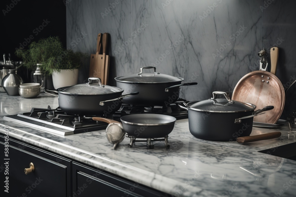  a marble counter top with pots and pans on it and a pot on a burner with a wooden spoon on it and a