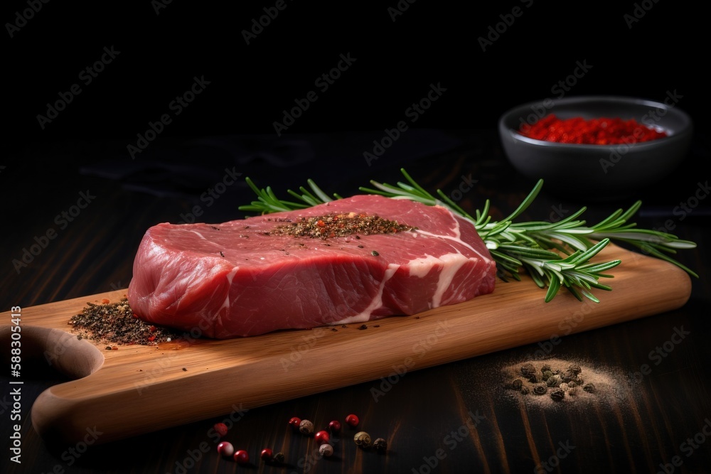  a piece of raw meat on a cutting board with spices and seasoning on a black background with a bowl 