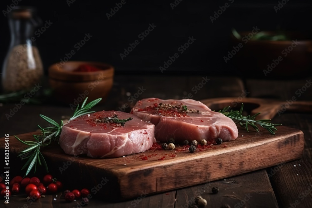  two raw pork chops on a cutting board with herbs and pepper on the side of the chopping board and a