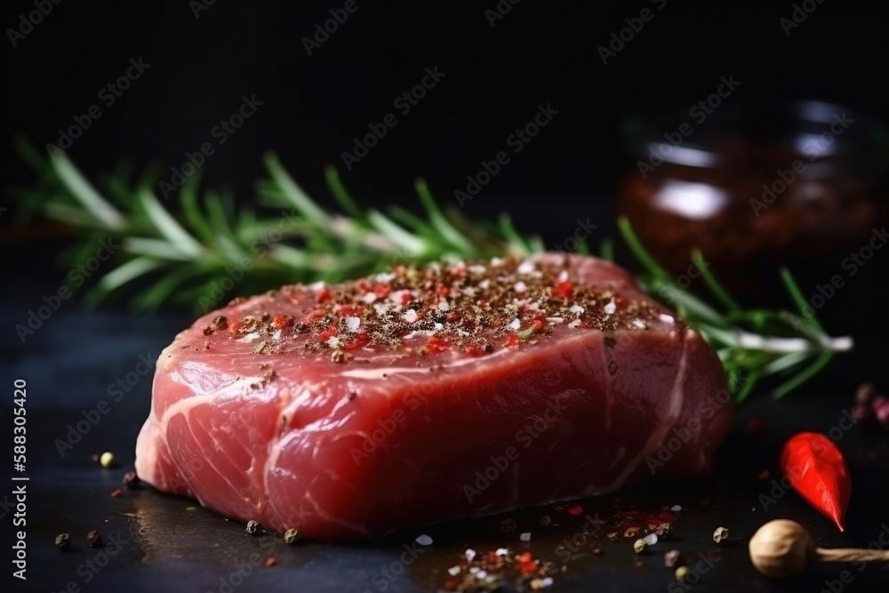  a piece of raw meat with spices on top of it next to a pepper shaker and a pepper shaker on a black