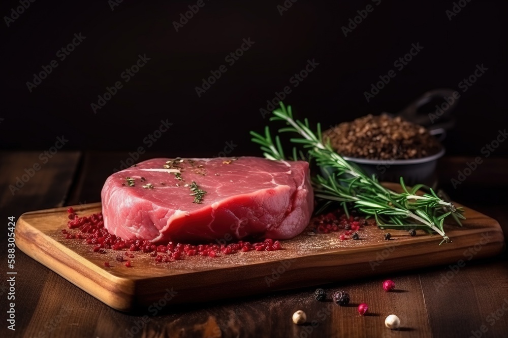  a piece of raw meat on a cutting board with spices and seasoning on a wooden table with a bowl of s