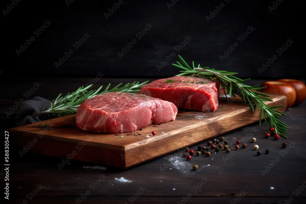  two raw meats on a cutting board with spices and pepper on a dark background with a sprig of rosema