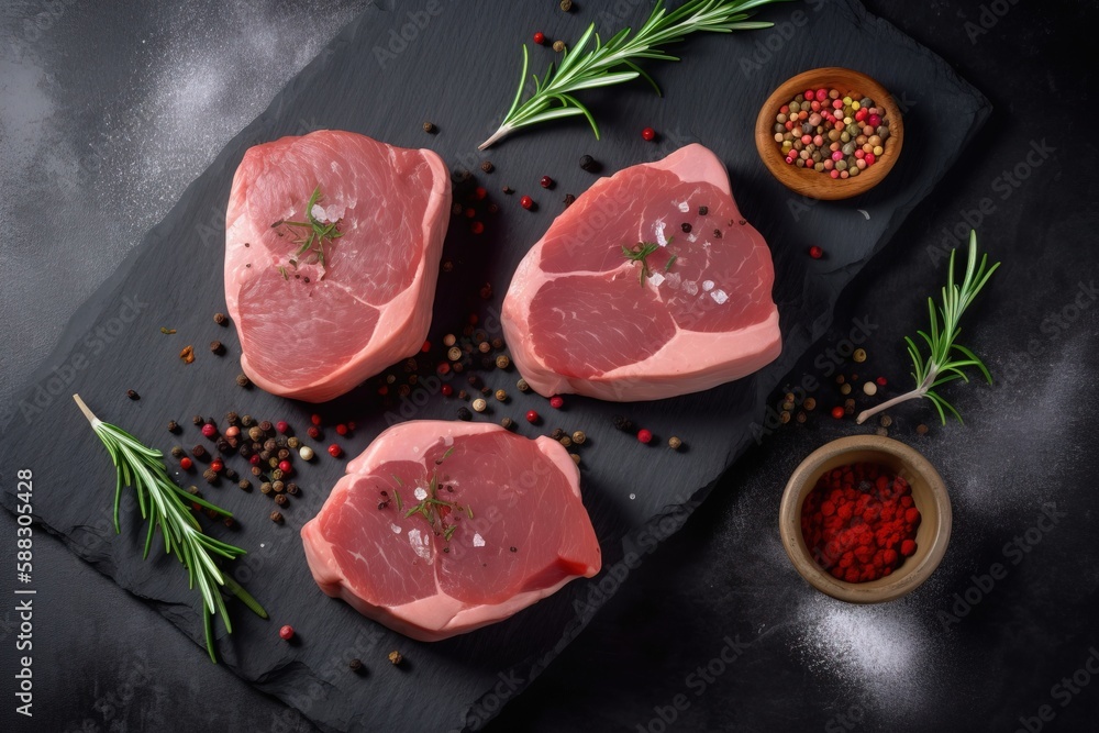  three raw pork chops on a slate board with spices and seasoning around them on a black surface with