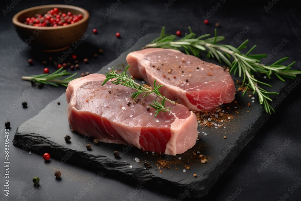  two pieces of raw meat on a slate board with herbs and peppercorst on a black surface with a bowl o