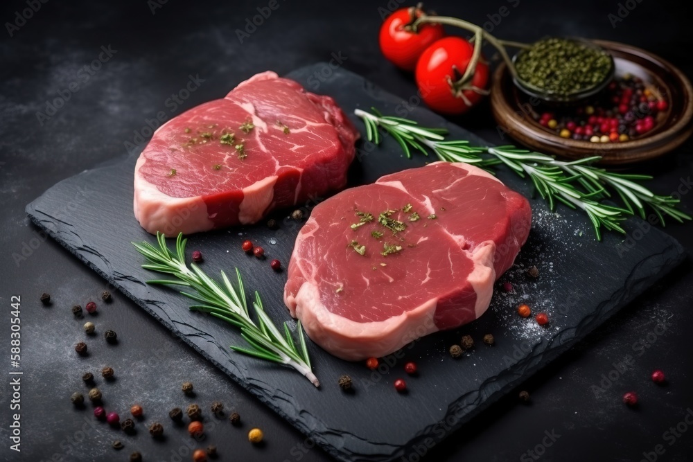  two pieces of raw meat on a slate board with herbs and tomatoes on the side of the plate, on a dark