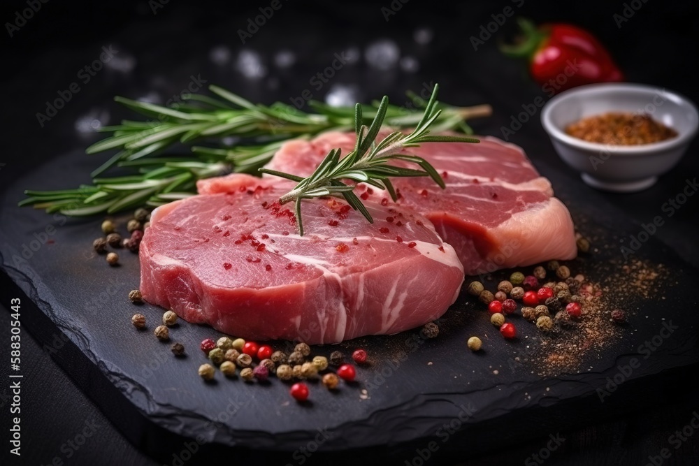  two pieces of raw meat on a cutting board with spices and seasoning on the side of the cutting boar