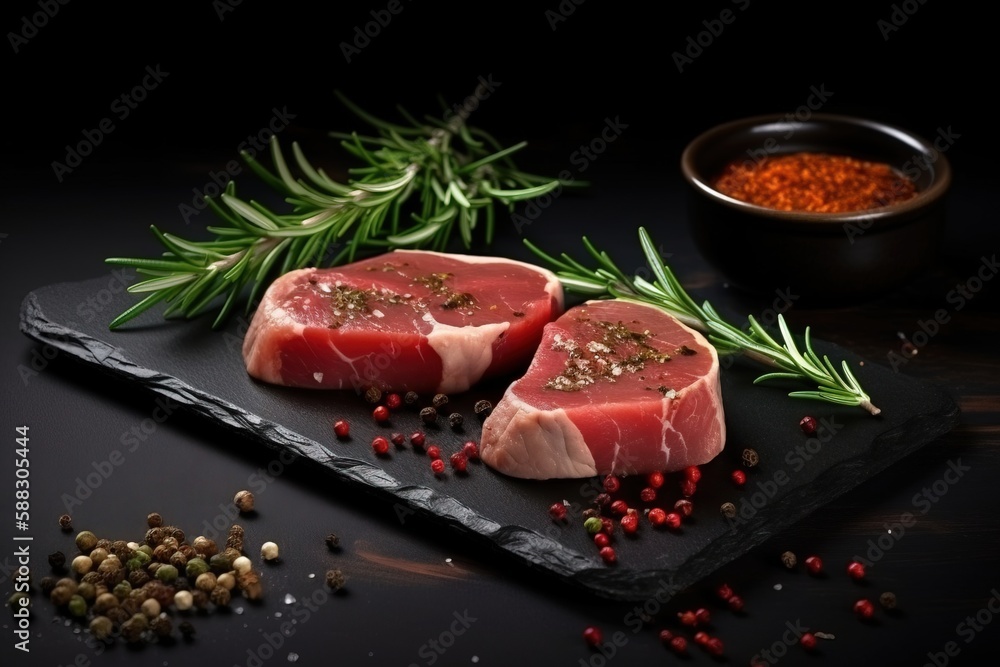  two pieces of raw meat on a black plate with spices and seasoning on a black background with a bowl