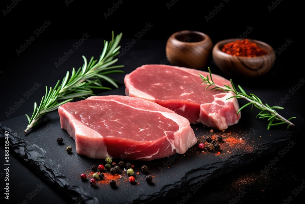  two pieces of raw meat on a black plate with herbs and spices around it on a black surface with a w