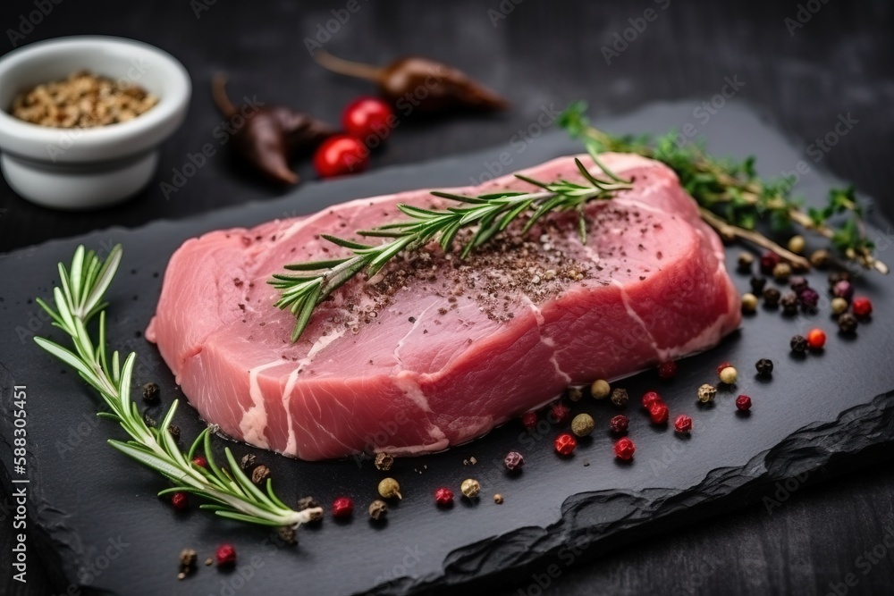  a piece of raw meat with herbs and spices on a slate board next to a bowl of seasoning and a pepper