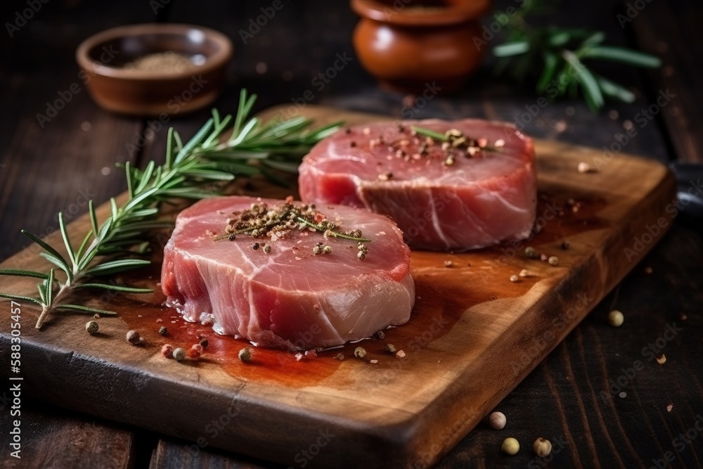  two pieces of raw meat on a cutting board with herbs and seasoning on top of it and a bowl of seaso