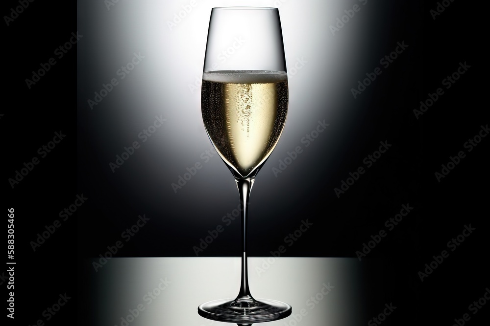  a glass of champagne sitting on top of a table next to a black background with a light shining on t