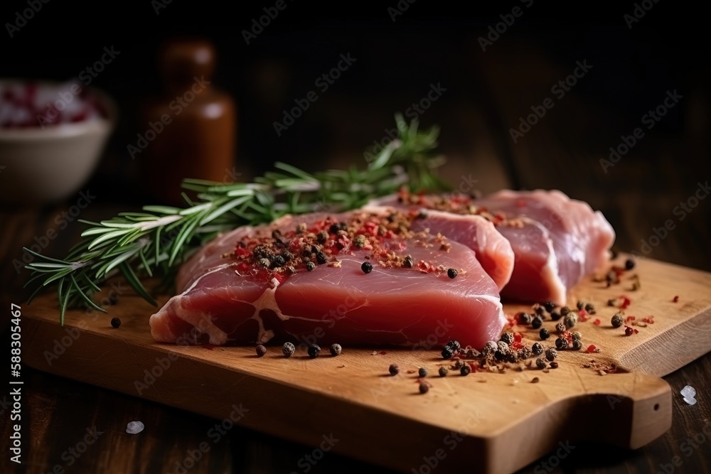  a cutting board topped with raw meat and seasoning next to a bowl of peppercorst and a bottle of wi