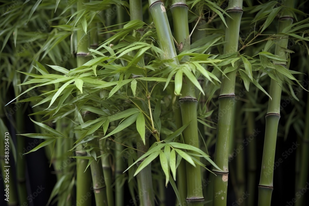  a close up of a bunch of green bamboo plants with leaves on its stems, with a black background and