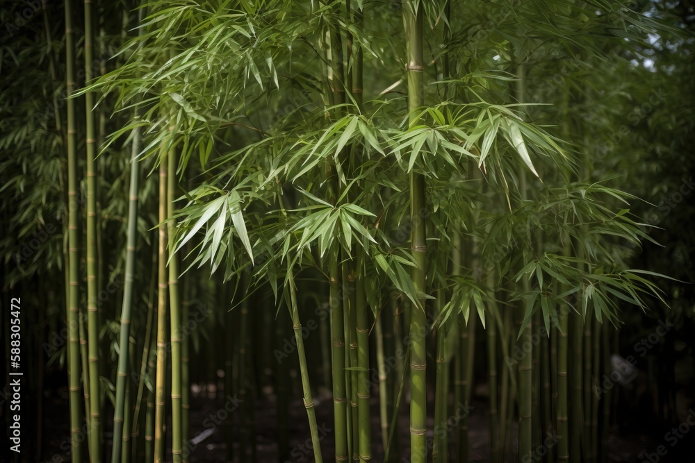  a tall bamboo tree with lots of green leaves on its branches in a forest of tall bamboo trees with