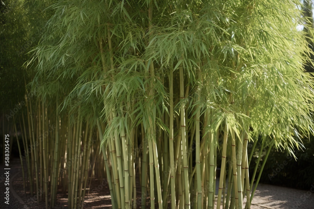  a bunch of bamboo trees in a park area with a walkway in front of them and a sidewalk in the middle