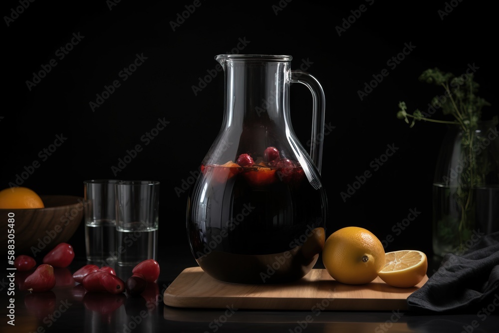  a pitcher of liquid sitting on top of a wooden cutting board next to a bowl of fruit and a glass of