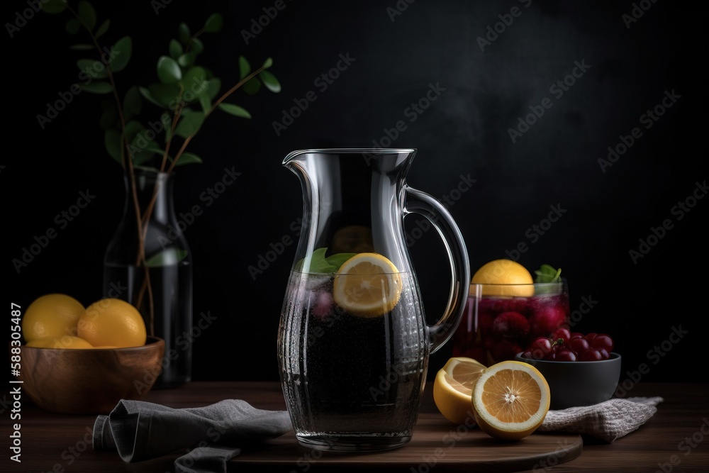  a pitcher of water with lemons, cranberries, and a bowl of cherries on a table with a bowl of orang