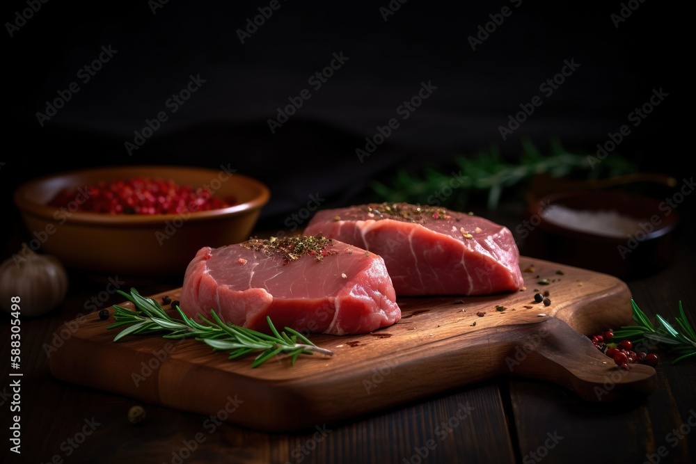  two pieces of raw meat on a cutting board with herbs and spices around it on a wooden surface with 