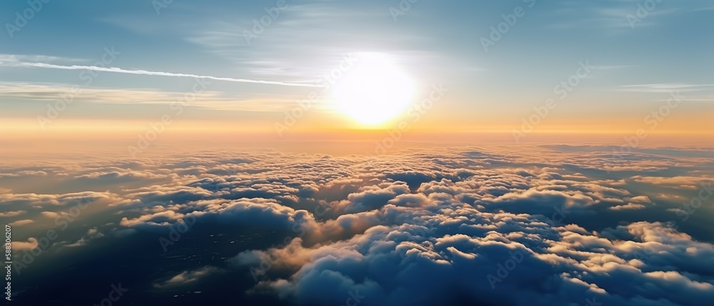 View from the height of the clouds.Aerial view. Panoramic shot. Generative AI