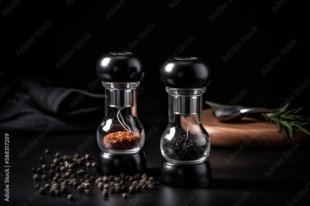  two salt and pepper mills on a table with spices and pepper mills in front of a wooden spoon and pe