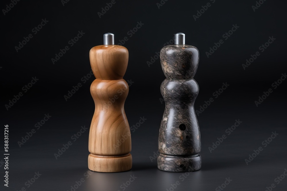  a couple of salt and pepper mills on a black background with a black background and a black backgro