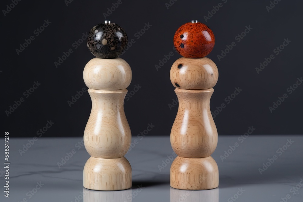  a couple of wooden pepper grinders sitting on top of a counter top next to a pepper grinder with an