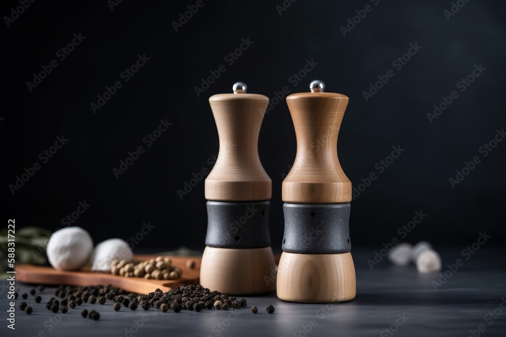  a couple of salt and pepper mills sitting on top of a table next to a wooden spoon and pepper mill 