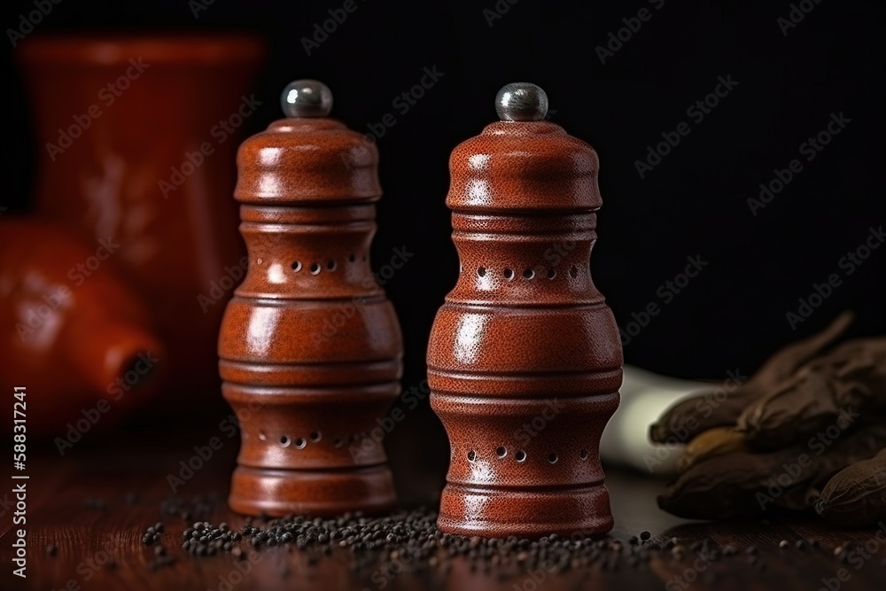  a couple of salt and pepper shakers sitting on top of a wooden table next to a pile of coffee beans