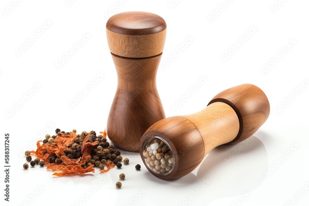  a pepper mill and a pepper grinder with pepper grinders on a white surface with a pile of peppercor