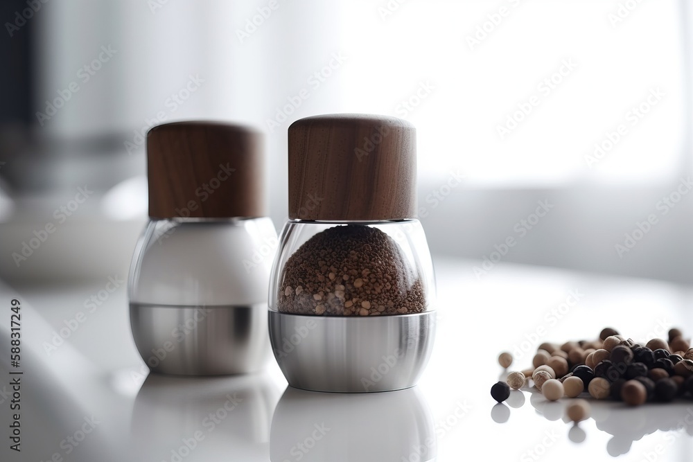  two salt and pepper shakers sitting on a table next to a bowl of beans and a spoon with a wooden li