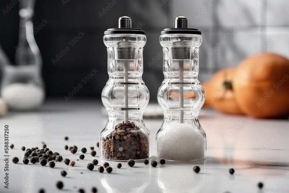  a couple of salt and pepper mills sitting on top of a counter next to a pepper mill and pepper shak