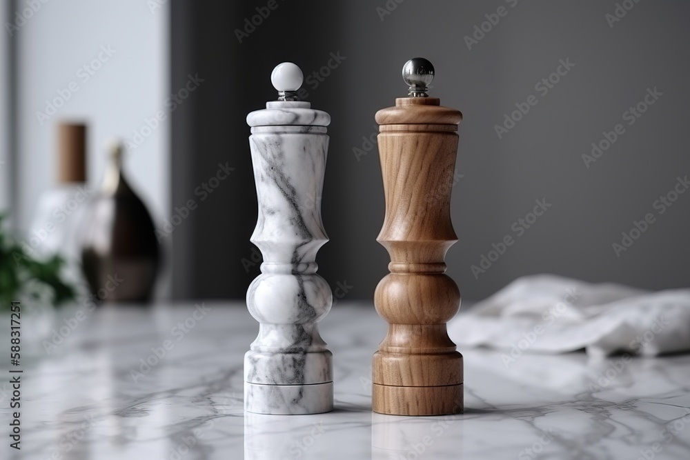  a marble table with a wooden pepper mill and a marble pepper mill on its side, and a marble pepper