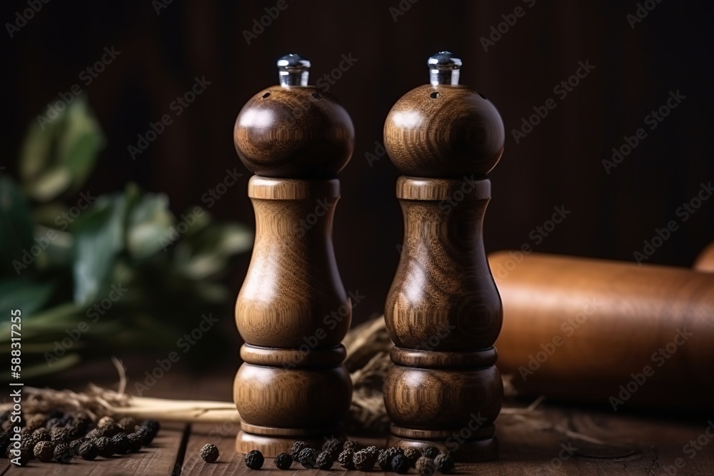  a couple of wooden pepper grinders sitting on top of a wooden table next to a pepper grinder and a 