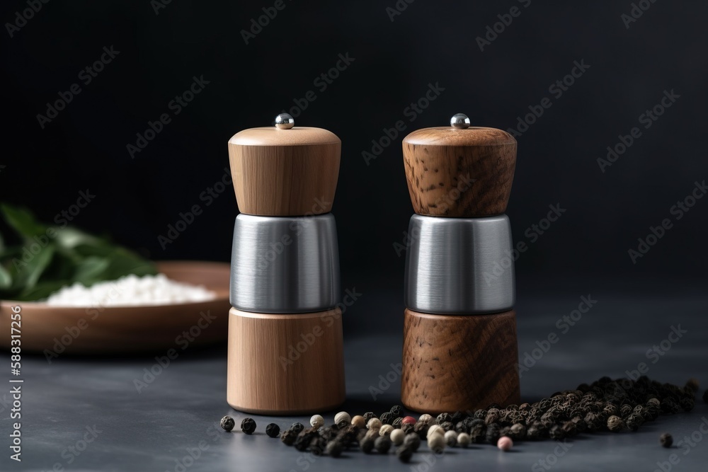  two salt and pepper mills on a table next to a bowl of spices and a plate of basil leaves on a dark