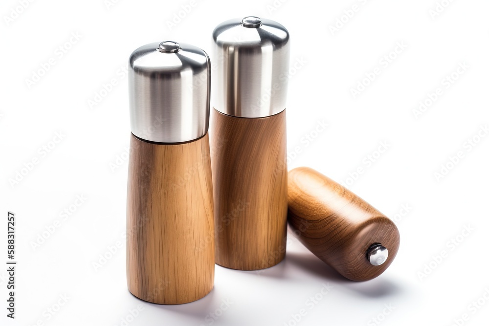  two wooden salt and pepper shakers on a white background with a wooden pepper mill in the foregroun